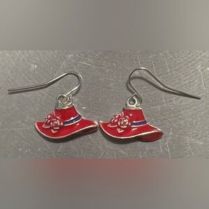 🍄Red Hat Society Dangle Fishhook Earrings Silver Tone Red Enamel